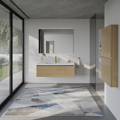 48'' Floating Bathroom Vanity with Sink Combo, Modern Wall-Mounted Striped Bathroom Storage Cabinet with Soft-Close Drawer and Glossy White Solid Surface Basin, Natural Oak, No Assembly Required