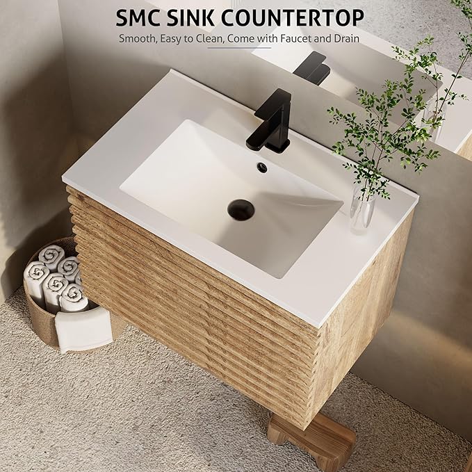 eclife 30" Floating Bathroom Vanity with Sink Combo Mid-Century Wall Mounted Cabinet with Wood Stripes Decor, Drawers, Undermount Single Sink, Faucet, Drain, Light Walnut