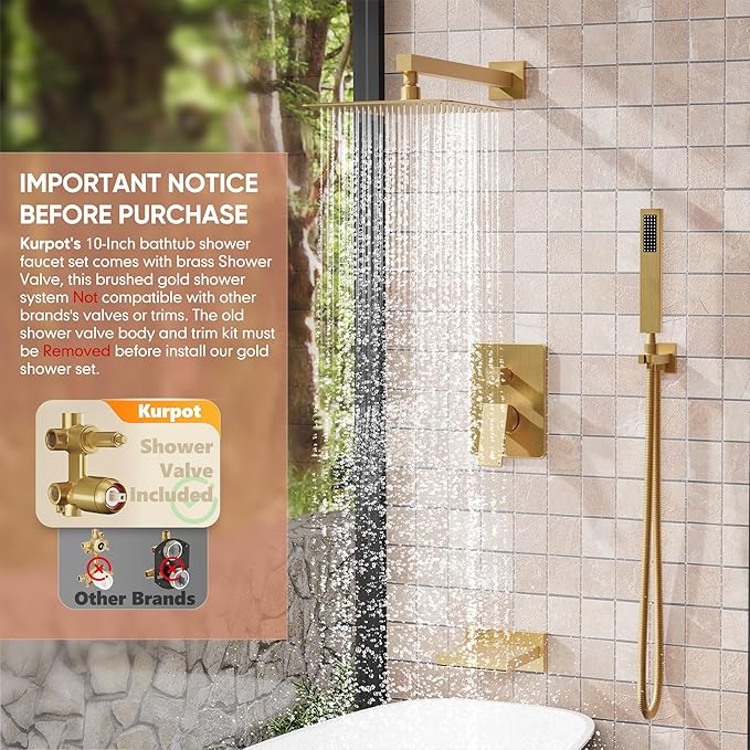 Brushed Gold Shower System, All Metal Gold Shower Faucet Set with Tub Spout, 10'' Gold Shower Head with Handheld, 59'' Shower Hose, Shower Valve and Diverter, Wall Mounted Bath Tub Faucet Set