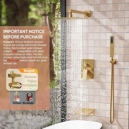 Brushed Gold Shower System, All Metal Gold Shower Faucet Set with Tub Spout, 10'' Gold Shower Head with Handheld, 59'' Shower Hose, Shower Valve and Diverter, Wall Mounted Bath Tub Faucet Set