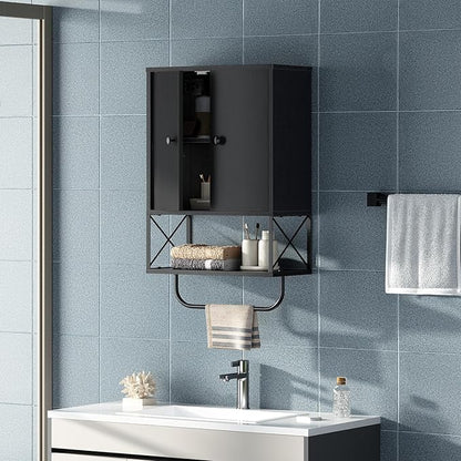 Bathroom Wall Cabinet with 2 Door and Adjustable Shelf, Farmhouse Medicine Cabinet with Towel Rack, 3-Tier Wall Mounted Storage Cabinet Over The Toilet for Bathroom Laundry Room, Black