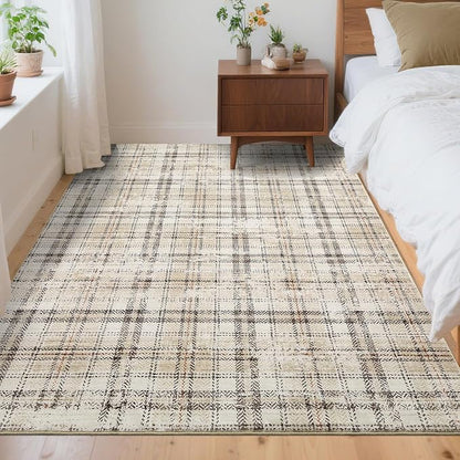 Washable Rugs 4x6 Rug for Living Room Modern Plaid Area Rug for Bedroom Tartan Non Slip Entryway Rug Soft Stain Resistant Carpet for Nursery Entrance Dining Room 4'x6' Beige