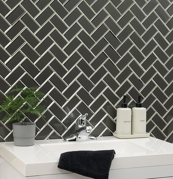 MSI Metallic Gray Bevel Herringbone Glass Tile for Kitchen Backsplash, Wall Tile for Bathroom, Accent Wall Tile, and Shower Wall Tile 13.86 in. x 11.08 in. Mesh-Mounted Mosaic Tile (10.6 sq. ft./case)
