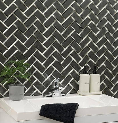 MSI Metallic Gray Bevel Herringbone Glass Tile for Kitchen Backsplash, Wall Tile for Bathroom, Accent Wall Tile, and Shower Wall Tile 13.86 in. x 11.08 in. Mesh-Mounted Mosaic Tile (10.6 sq. ft./case)