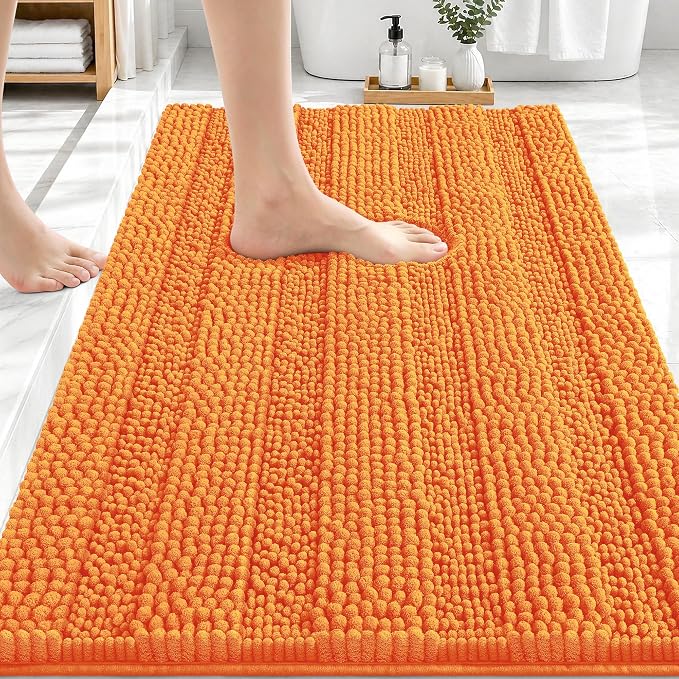 OLANLY Thick Bathroom Rugs 30x20, Soft Chenille Striped Bath Rugs, Orange | Rubber Backing, Machine Wash, Extra Absorbent Bath Mats for Bathroom Floor, Tub and Shower, Home Decor Accessories