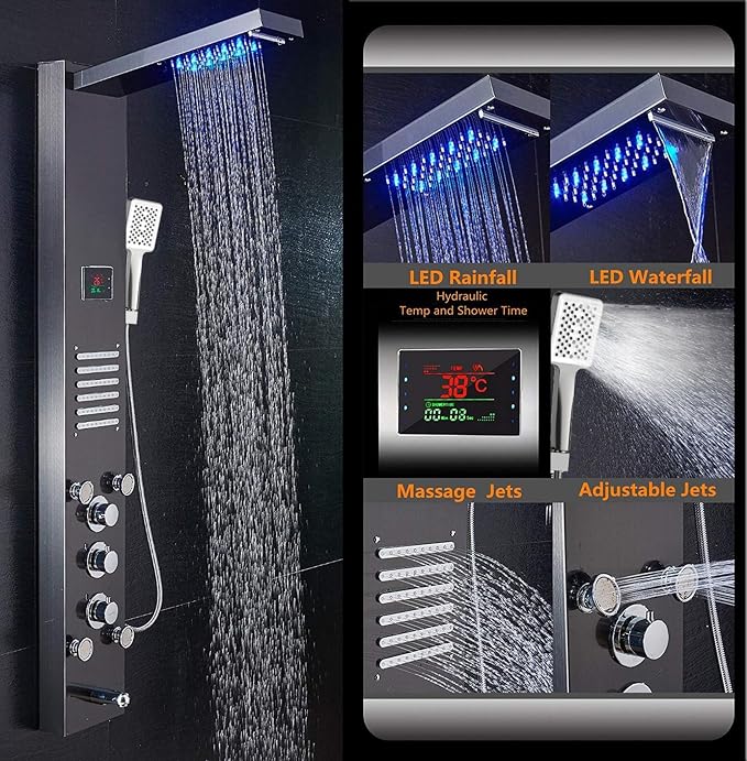 ELLO&ALLO LED Shower Panel Tower System, Hydroelectricity Display Rain Massage with Jets, Brushed Black