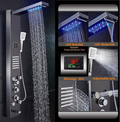 ELLO&ALLO LED Shower Panel Tower System, Hydroelectricity Display Rain Massage with Jets, Brushed Black