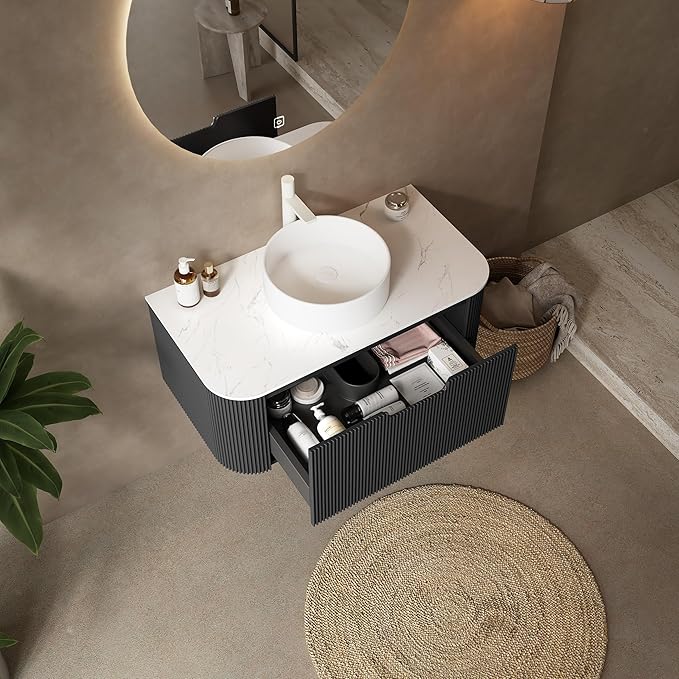 36'' Floating Vanity with Sink Combo, Modern Wall-Mounted Curved Edges Striped Bathroom Storage Cabinet with Soft-Close Drawer and White Artificial Marble Basin, Black