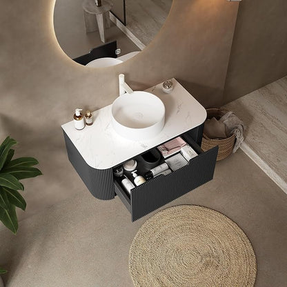 36'' Floating Vanity with Sink Combo, Modern Wall-Mounted Curved Edges Striped Bathroom Storage Cabinet with Soft-Close Drawer and White Artificial Marble Basin, Black