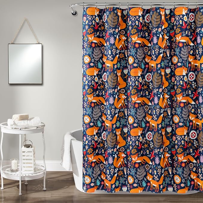 Lush Decor Pixie Fox Shower Curtain, 72" W x 72" L, Navy - Navy Shower Curtain - Fun Kids Floral & Animal Bathroom Decor