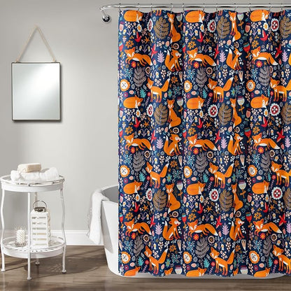 Lush Decor Pixie Fox Shower Curtain, 72" W x 72" L, Navy - Navy Shower Curtain - Fun Kids Floral & Animal Bathroom Decor