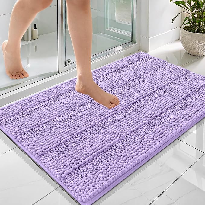 OLANLY Thick Bathroom Rugs 36x24, Soft Chenille Striped Bath Rugs, Lavender | Rubber Backing, Machine Wash, Extra Absorbent Bath Mats for Bathroom Floor, Tub and Shower, Home Decor Accessories