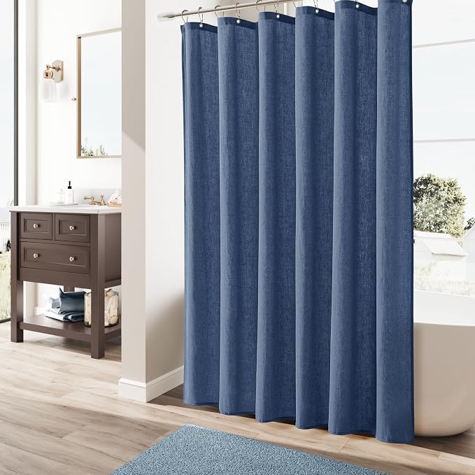 Vintage Blue Linen Shower Curtain, Country Boho Farmhouse Bath Decor Shower Curtains Neutral Cloth Weighted Textured Fabric Bath Curtain Liner with Hooks, 72x72