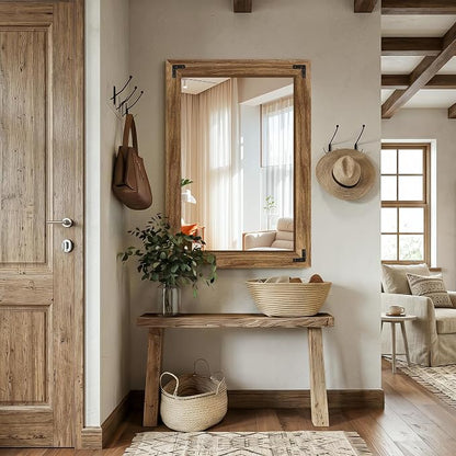 Bathroom Mirror for Wall, 28" x 40" Wooden Vanity Mirror | Solid Wood Frame, Rustic Farmhouse Style, Shatterproof Glass, for Bedroom, Living Room, Entryway Decor, Vertical/Horizontal
