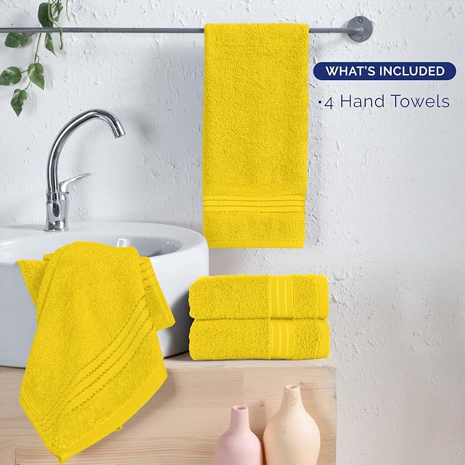 Elegant Comfort Premium Turkish Cotton 4 Pack Hand Towel Set - 16 x 28 inch, Luxurious Hotel Spa Quality 100% Turkish Cotton 4PC Hand Towel Set - Highly Absorbent - Soft Bathroom Towels, Yellow