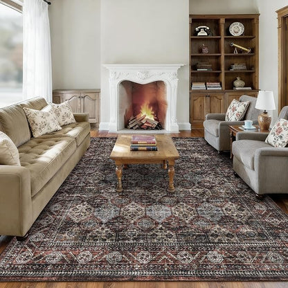 Vintage Floral Rugs 10x13, Washable Soft Non Slip Area Rug for Living Room Bedroom, Low Pile Ultra Thin Retro Accent Floor Carpet for Dining Room Office Playroom, Vintage Red