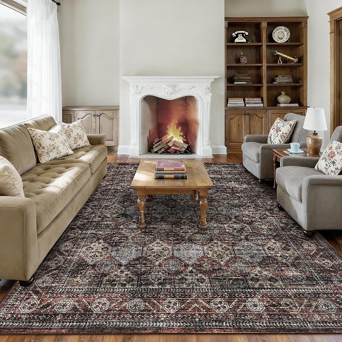 Vintage Floral Rugs 5x7, Washable Soft Non Slip Area Rug for Living Room Bedroom, Low Pile Ultra Thin Retro Accent Floor Carpet for Dining Room Office Playroom, Vintage Red