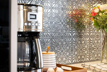 Main Street Peel and Stick Wallpaper Tiles Brushed Nickel & Silver | 8 x 8 in tile size, Removable, Self Adhesive, Renter-Friendly, For Kitchen and DIY Projects