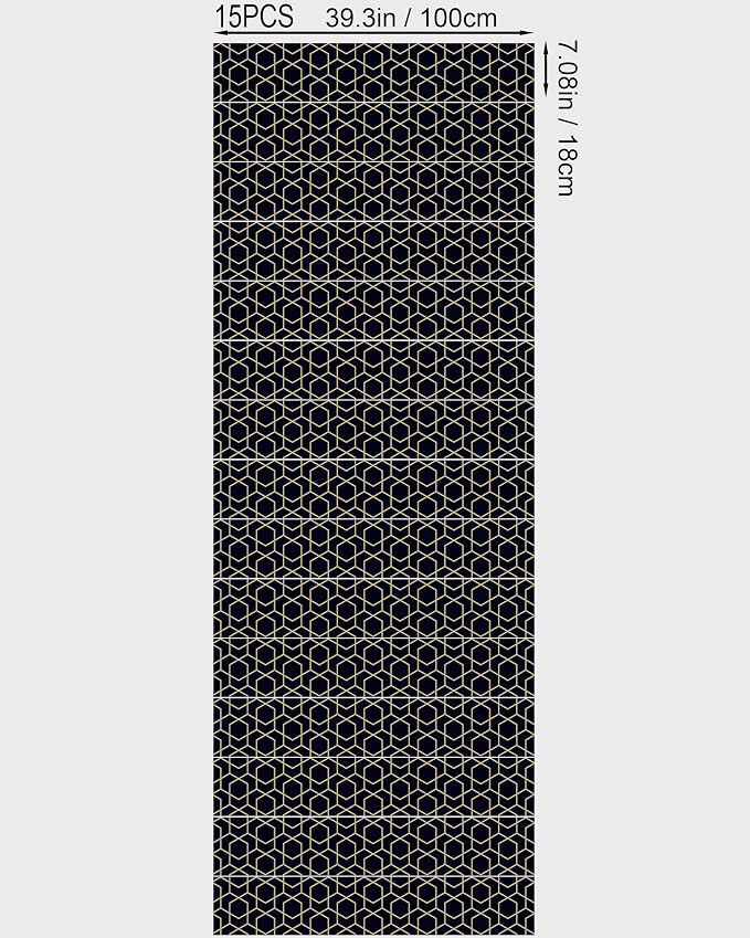 FLFK Rhombic Black and Gold Texture Stair Stickers - Set of 15, Peel and Stick Stair Riser Decals, 39.3"x7.08"