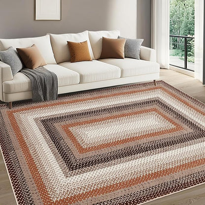 Imitation Braided Collection-Print 3x5 Entryway Rug Washable Bedroom Rugs with Non Slip Rubber Backing, Farmhouse Soft Low Pile Rustic Stain Resistant Accent Rug for Entrance Living Room