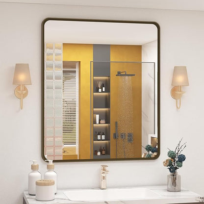 OKPAL 24 x 28 Bronze Bathroom Mirror, Brushed Bronze Metal Framed Mirror, Rounded Bronze Rectangle Mirror for Farmhouse, Bedroom, Anti-Rust (Horizontal/Vertical)