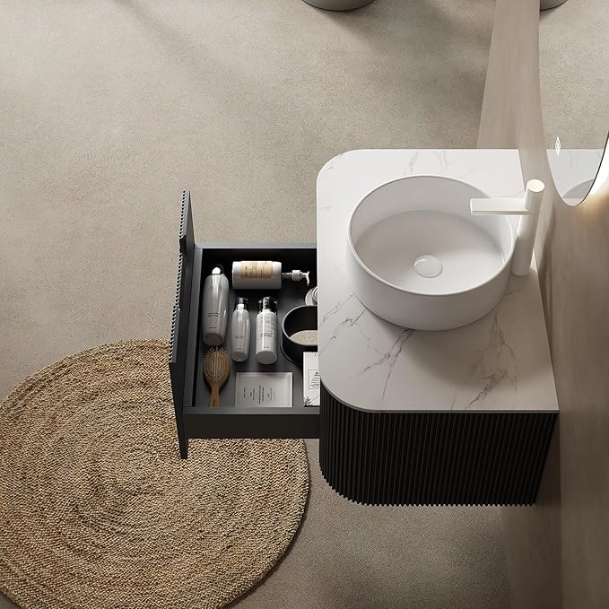 30'' Floating Vanity with Sink Combo, Modern Wall-Mounted Curved Edges Striped Bathroom Storage Cabinet with Soft-Close Drawer and White Artificial Marble Basin, Black