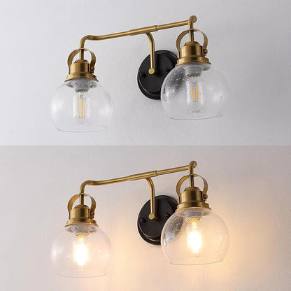 JONATHAN Y 17.5" Brass Gold/Oil Rubbed Bronze Shirley 2-Light Bathroom Vanity Light, Metal Wall Sconce, Clear Seeded Glass Shade, Modern Transitional Farmhouse Fixture, LED Bulbs Included (JYL7404B)