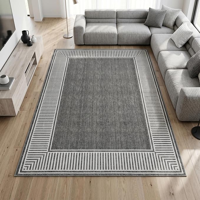 Garvee Living Room Rug 10x13 Washable Modern Bordered Bedroom Rug Grey | Large Non-Shedding Stain-Resistant Foldable Accent Rugs Ultra-Soft Non Slip Low Pile Floor Cover for Nursery Kids Room Office