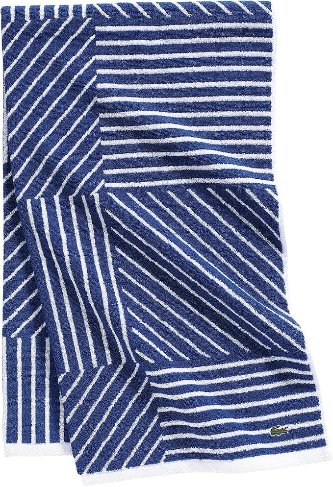 Lacoste Guethary Striped Towel – 100% Cotton, Reversible Modern Geometric Design, Soft & Absorbent, Durable & Lightweight, Machine Washable – Surf Blue, 30"x54" Bath Towel