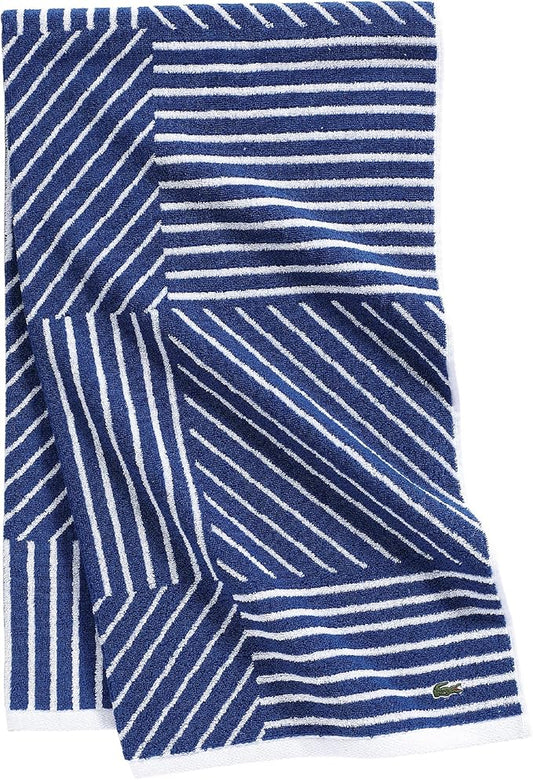 Lacoste Guethary Striped Towel – 100% Cotton, Reversible Modern Geometric Design, Soft & Absorbent, Durable & Lightweight, Machine Washable – Surf Blue, 30"x54" Bath Towel