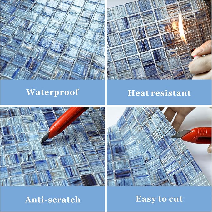 8 Sheets Glass Mosaic Tiles Backsplash, 12” x 12” Light Blue Backsplash Tile for Kitchen Bathroom Swimming Pool Shower Wall (8 sq.ft)