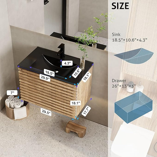 eclife 30" Floating Bathroom Vanity with Sink Combo, Mid-Century Wall Mounted Cabinet with Wood Stripes Decor, Drawers, Undermount Single Black Sink, Faucet, Drain, Light Walnut