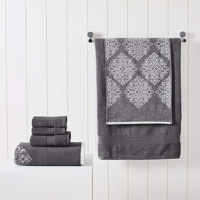 Modern Threads 6-Piece 100% Cotton Damask Medallion Towel Set, Charcoal | Highly Absorbent, Soft & Plush, Quick-Drying, 550 GSM, Color-Rich Yarn-Dyed Design, OEKO-TEX Certified