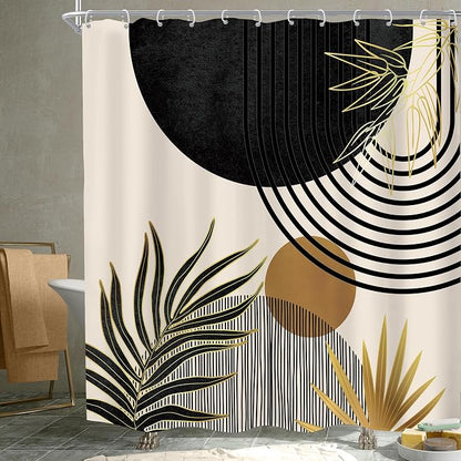 Mid Century Black Gold Boho Abstract Modern Bathroom Shower Curtain Set | 72Wx72L Green S design, waterproof HD print with fast-drying fabric and 12 hooks.