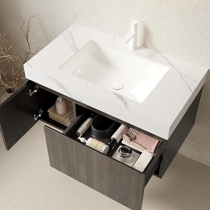 KEIKI 36 Inch Floating Bathroom Vanity with Sink, Espresso & White | Modern Wall Mounted Storage Cabinet w/ Drawer & Door, Pre-assembled Wood Panels, Sintered Stone Top & Ceramic Basin Combo Set