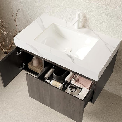 KEIKI 36 Inch Floating Bathroom Vanity with Sink, Espresso & White | Modern Wall Mounted Storage Cabinet w/ Drawer & Door, Pre-assembled Wood Panels, Sintered Stone Top & Ceramic Basin Combo Set