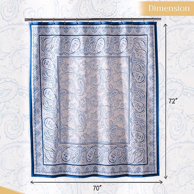 Maison d' Hermine Shower Curtain 100% Cotton One Panel 70"x72" Washable Fabric Shower Curtains for Bathroom, Easy Hanging with 12 Button Holes -Hotel Spa Easter Gifts (Palatial Paisley - Blue)