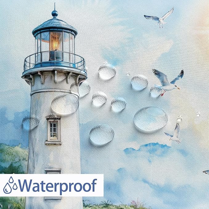 Nautical Coastal Lighthouse Shower Curtain, Boho Ocean Beach Lighthouse Seascape Beachy Abstract Shower Curtain Set, Seasides Sailboat Seagull Fabric Shower Curtain for Bathroom 12 Hooks, 72"×78" Blue