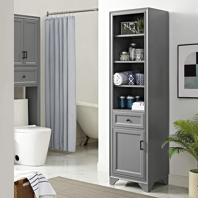 Crosley Furniture Tara Linen Storage Cabinet and Bathroom Organizer with a Drawer and Shelves, Vintage Gray