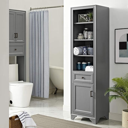 Crosley Furniture Tara Linen Storage Cabinet and Bathroom Organizer with a Drawer and Shelves, Vintage Gray