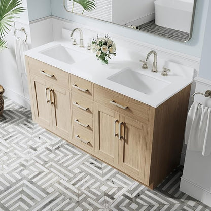 60-Inch Bathroom Vanity with Double Sinks W/ 4 Doors & 4 Drawers & 2 Flip Drawers, Oak Vanity W/Brushed Nickel Handles