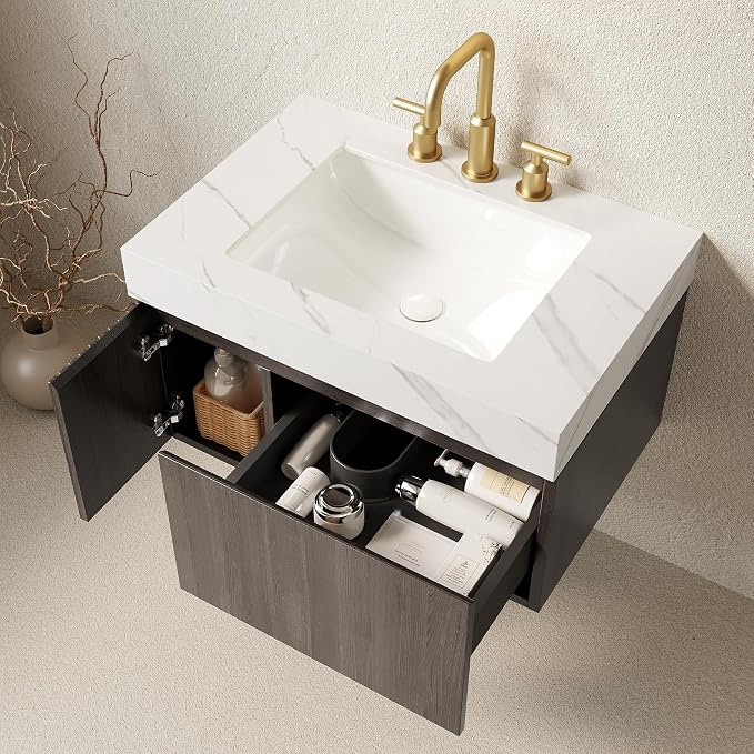 KEIKI 30 Inch Floating Bathroom Vanity with Sink, Espresso & White | Modern Wall Mounted Storage Cabinet w/ Drawer & Door, Pre-assembled Wood Panels, Sintered Stone Top & Ceramic Basin Combo Set