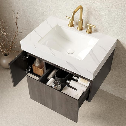 KEIKI 30 Inch Floating Bathroom Vanity with Sink, Espresso & White | Modern Wall Mounted Storage Cabinet w/ Drawer & Door, Pre-assembled Wood Panels, Sintered Stone Top & Ceramic Basin Combo Set
