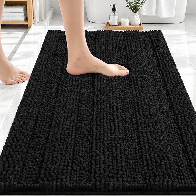 OLANLY Thick Bathroom Rugs 30x20, Soft Chenille Striped Bath Rugs, Black | Rubber Backing, Machine Wash, Extra Absorbent Bath Mats for Bathroom Floor, Tub and Shower, Home Decor Accessories