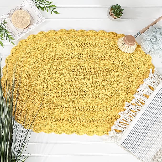 DII Crochet Collection Reversible Bath Mat, Small Oval, 17x24, Yellow