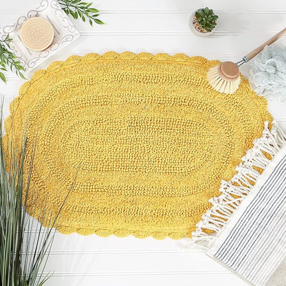 DII Crochet Collection Reversible Bath Mat, Small Oval, 17x24, Yellow
