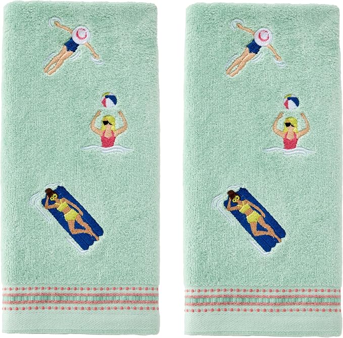 SKL Home Pool Party Hand Towel Set-2pc, Embroidered, Misty Jade | 100% Cotton. Decorative velour for summer fun & everyday décor. Can be used in the bathroom, kitchen, bar, or any sink space.