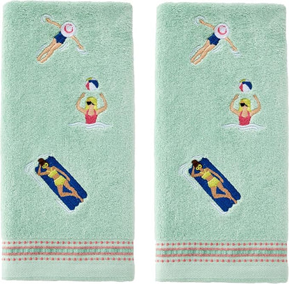 SKL Home Pool Party Hand Towel Set-2pc, Embroidered, Misty Jade | 100% Cotton. Decorative velour for summer fun & everyday décor. Can be used in the bathroom, kitchen, bar, or any sink space.