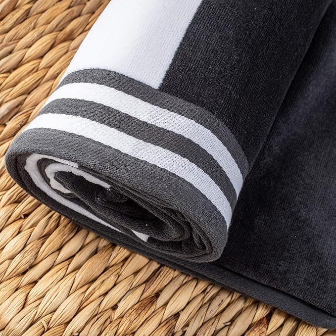 Superior Cotton Striped Beach Towels, Colorful Towels for Adult, Kid, Pool, Swimming, Sand, Travel, Large Oversized, Absorbent, Fast Drying, Bath Basics, Cabana Collection, Set of 6, Charcoal