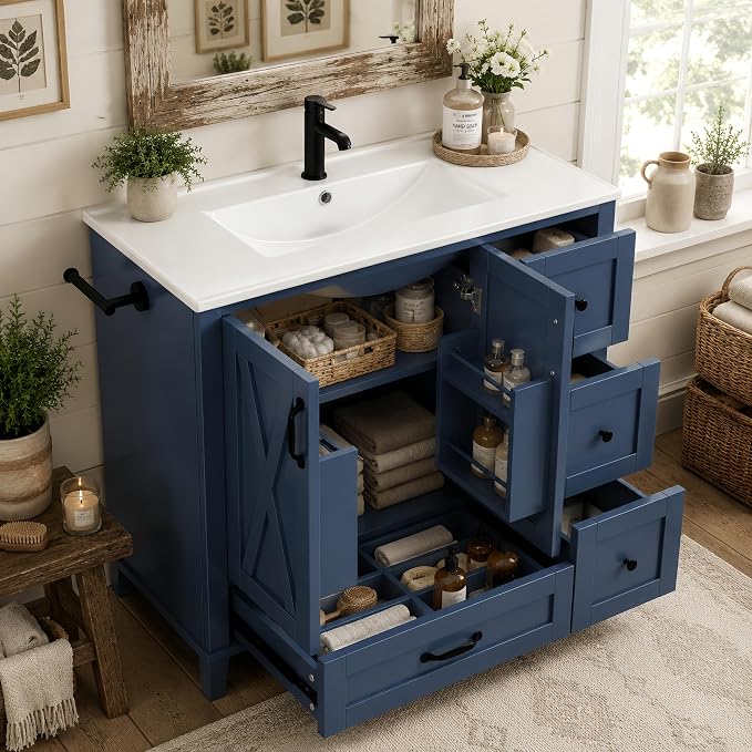36" Bathroom Vanity with Sink, Freestanding Bathroom Cabinet | Ceramic Top & Backsplash, 4 Storage Drawers, X-Shaped Doors, Adjustable Shelving, Door Storage and Towel Bar, Navy Blue